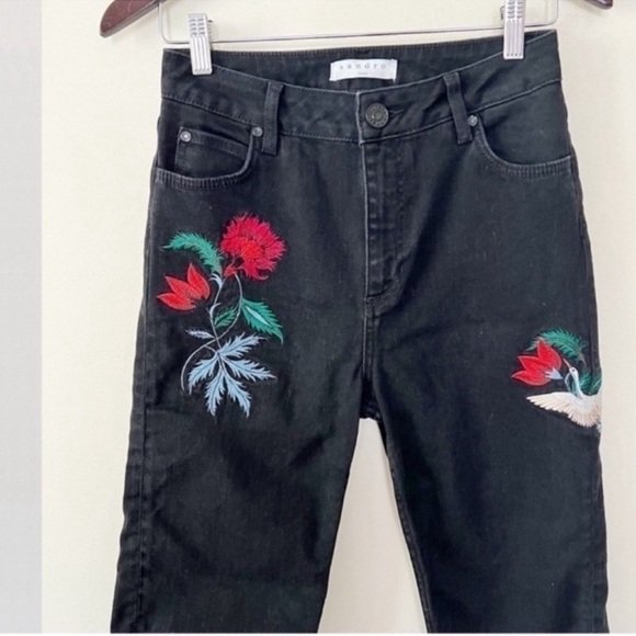 Sandro Paris Vegas Rose High Rise Embroidered Straight Jeans Black Size 36/4 US - Picture 2 of 9